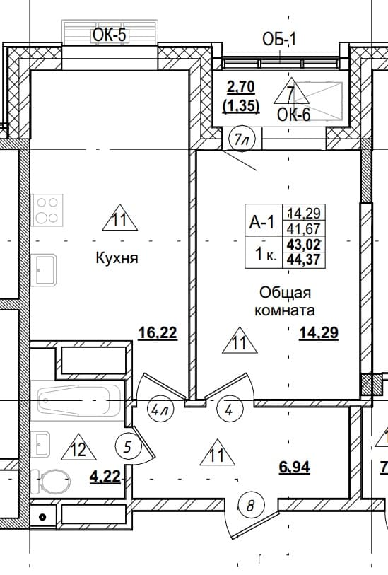 1 комн., 43.0 м²
