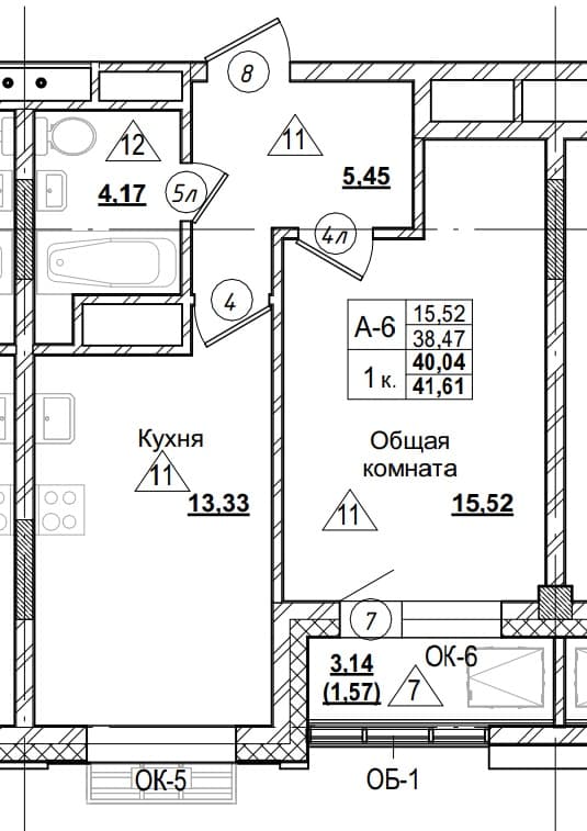 1 комн., 40.0 м²