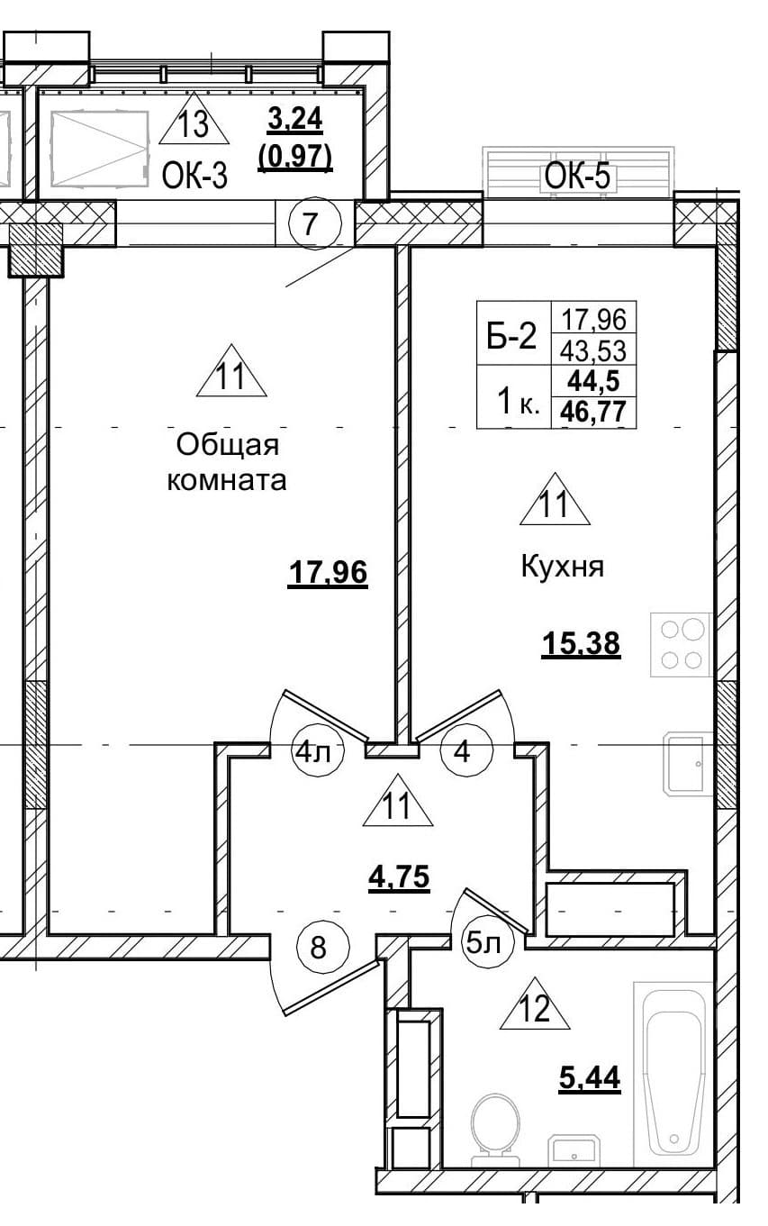 1 комн., 44.5 м²