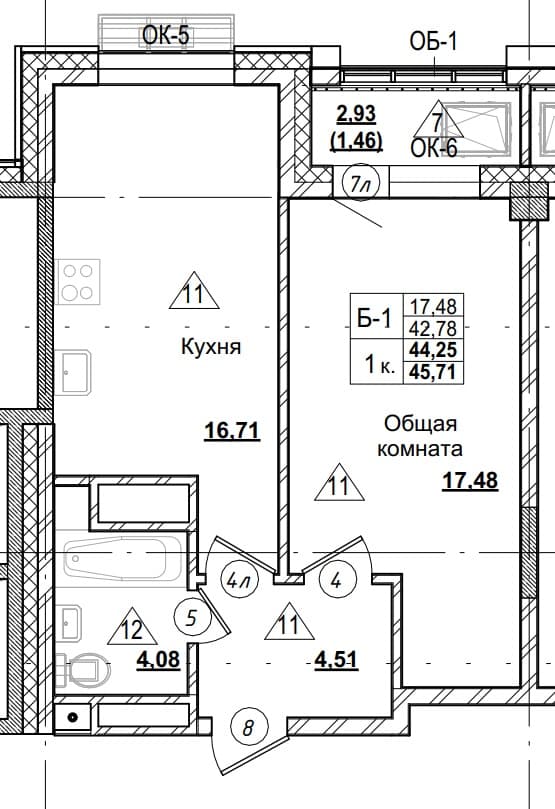 1 комн., 44.3 м²