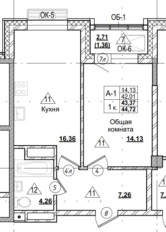 1 комн., 43.4 м²