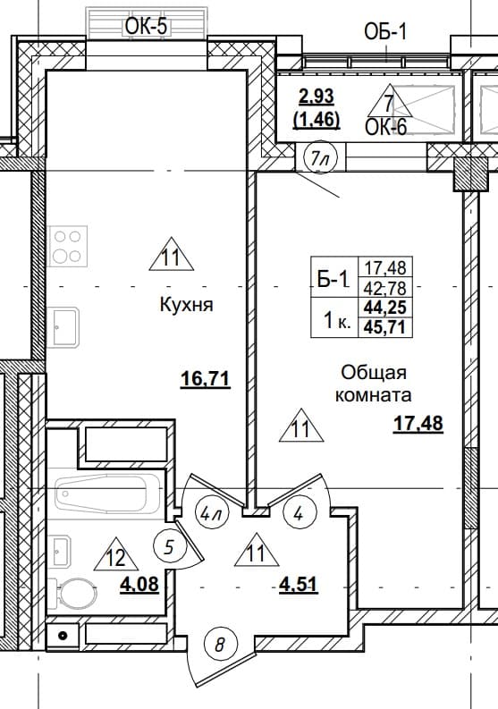 1 комн., 44.3 м²