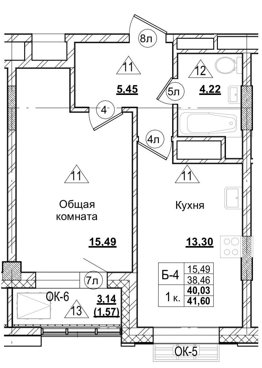 1 комн., 40.0 м²