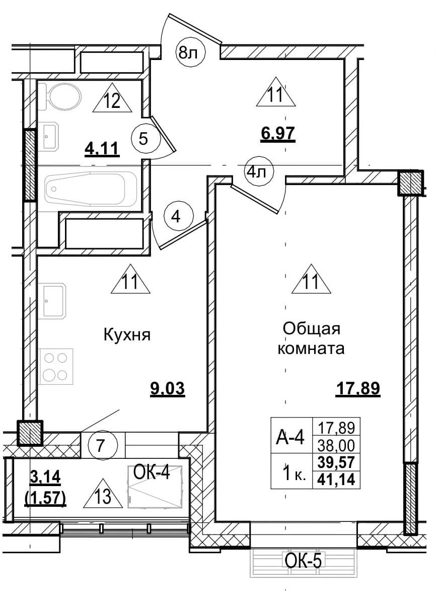 1 комн., 39.6 м²